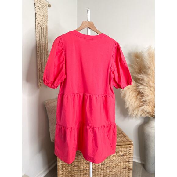 Sanctuary Pink Poplin Tiered Puff Sleeve Mini Dress Large Short Sleeve - Picture 7 of 9